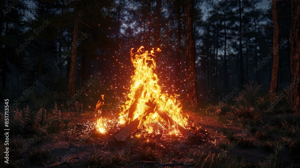 Nighttime forest with large fiery bonfire and sparking embers Nighttime forest with large fiery bonfire and sparking embers