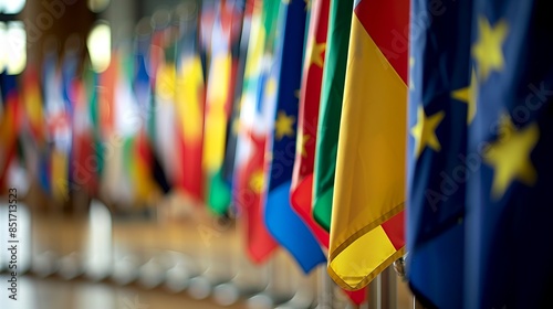 Multiple international flags arranged side by side, symbolizing unity and global diversity. This vibrant image is suitable for concepts related to international relations and cultural diversity. AI photo