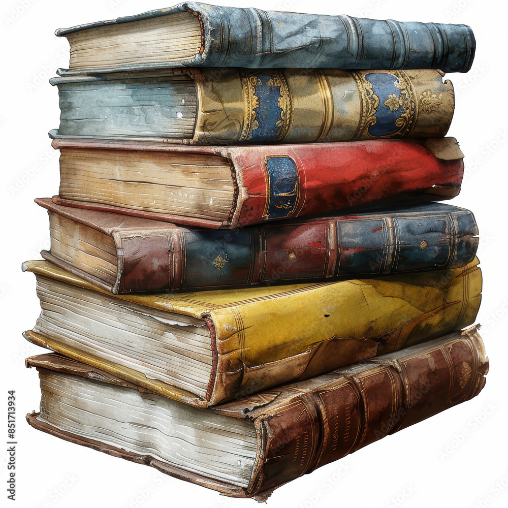 A stack of old books with leather covers. The books are all different sizes and colors. A stack of old books with leather covers. The books are all different sizes and colors.