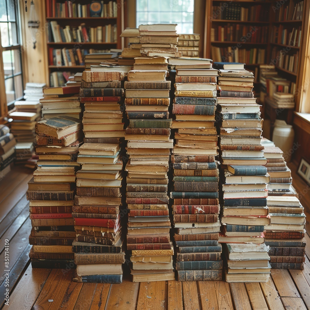 A large stack of old books, stacked in a haphazard way, reaching almost to the ceiling. A large stack of old books, stacked in a haphazard way, reaching almost to the ceiling.