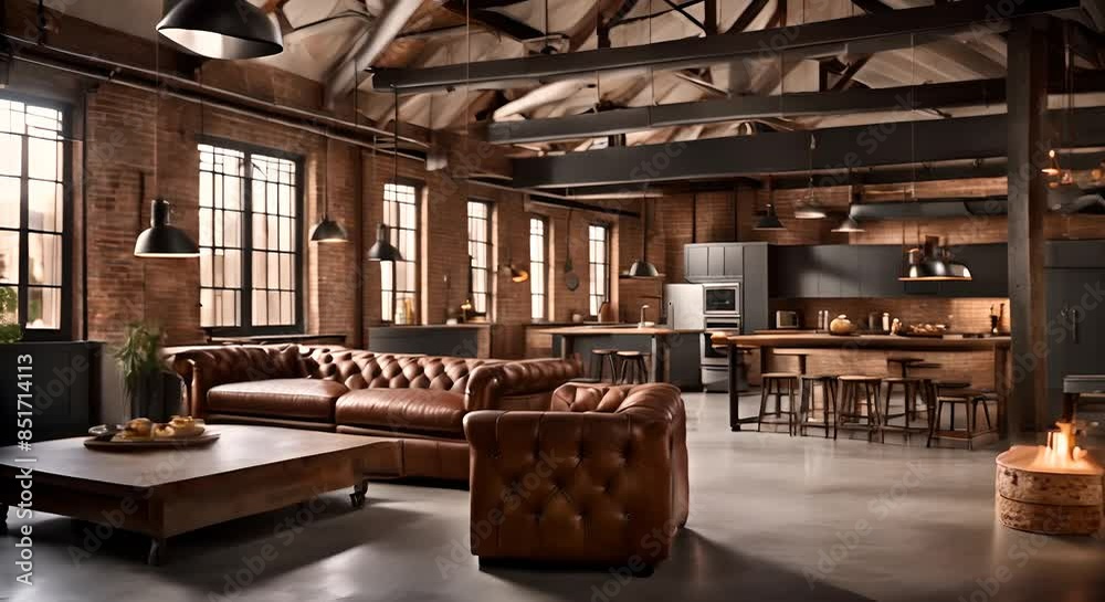 Industrial loft living room with large windows, exposed brick walls, contemporary furniture