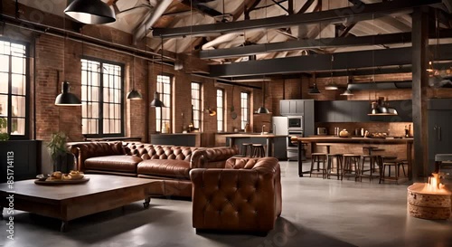 Industrial loft living room with large windows, exposed brick walls, contemporary furniture