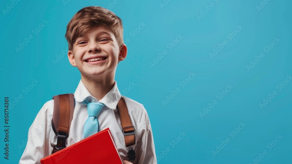 portrait of a handsome Caucasian schoolboy 8-10 years old with a school bag on his shoulders looking smiling at the camera, studio shooting blue background. copyspace portrait of a handsome Caucasian schoolboy 8-10 years old with a school bag on his shoulders looking smiling at the camera, studio shooting blue background. copyspace