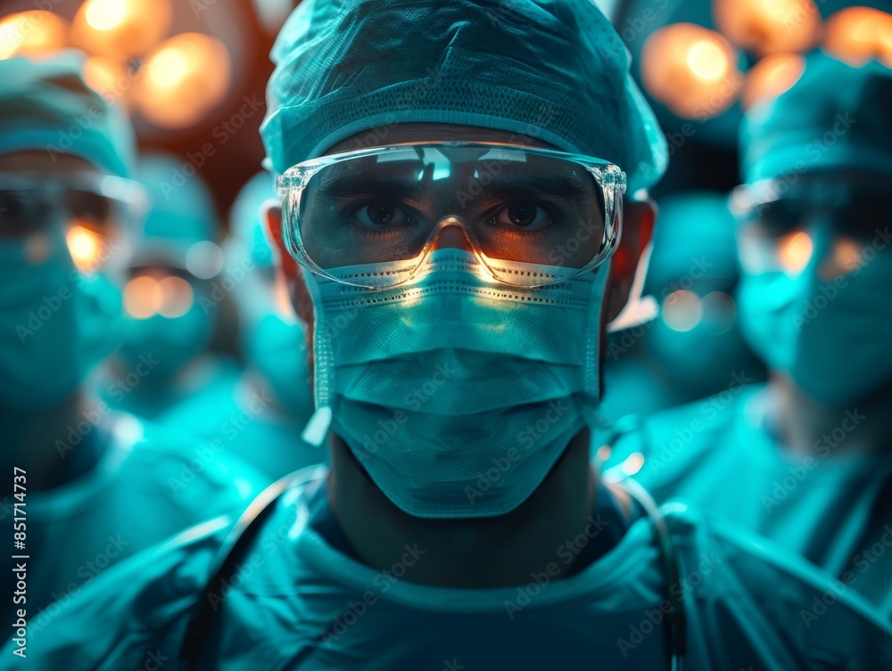 Surgeons in surgical masks and scrubs, prepared for an operation in an operating room with dramatic lighting and focus on the lead surgeon. Surgeons in surgical masks and scrubs, prepared for an operation in an operating room with dramatic lighting and focus on the lead surgeon.