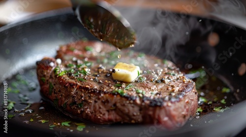Steak being basted with butter and herbs in a hot skillet