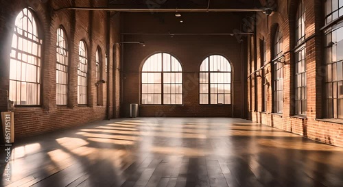 Empty Industrial Loft with arched windows and brick walls