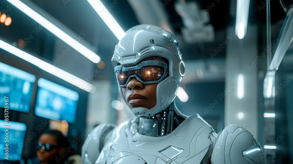 Cyborg in futuristic control room