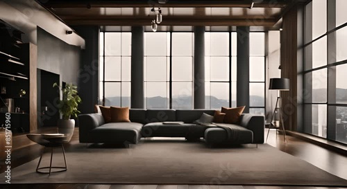 Modern dark living room interior with sleek furniture and minimalist decor and large windows
