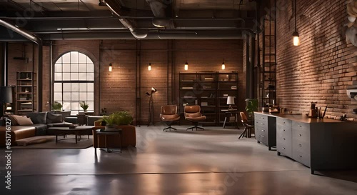 Industrial style cafe with wooden tables and chairs furniture and kitchen