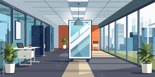 Interior of a contemporary office corridor with a mock up white billboard, glass doors, furniture, and concrete floors. Concept for architecture and design.