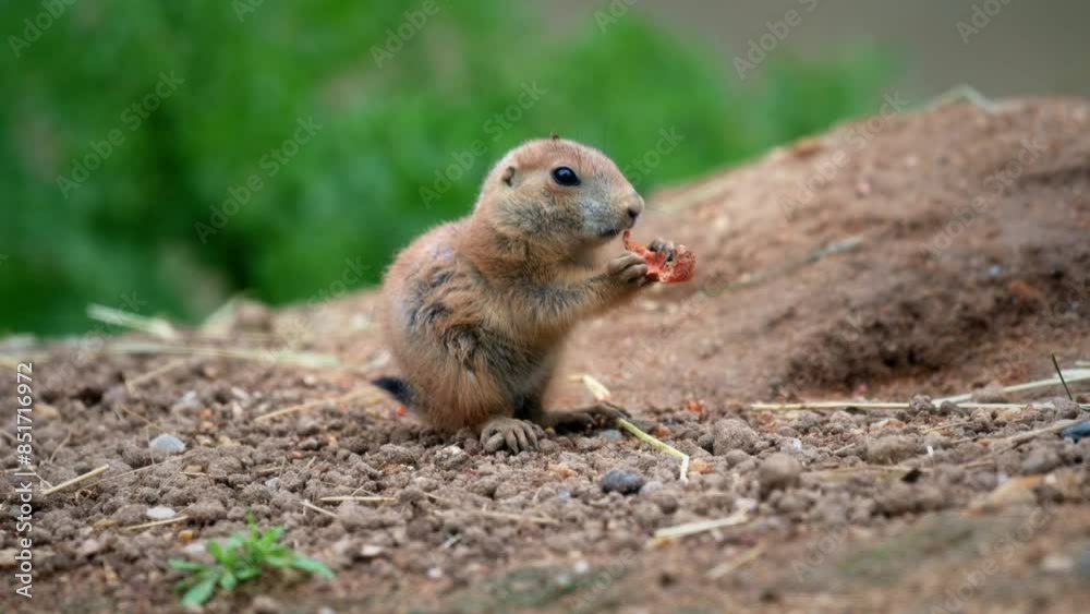 Closeup portrait of a baby prairie dog eating a piece of food while standing on a dirt mound. Prairie dog is also known as genus cynomys. 4K UHD video. Closeup portrait of a baby prairie dog eating a piece of food while standing on a dirt mound. Prairie dog is also known as genus cynomys. 4K UHD video.