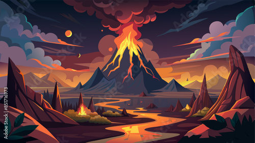 dark fantasy mountain landscape, fire in the hills, volcano eruption