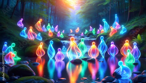 A group of colorful spirit-like figures in a 16_9 ratio image, gathered around a gently flowing stream.