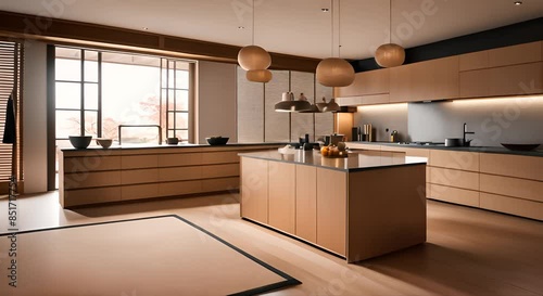 Modern Japanese minimalist interior design with a combination of light wood and earthenware ceramics