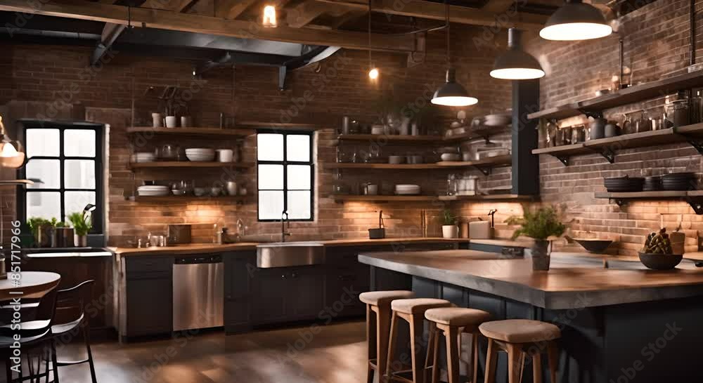 Industrial style cafe with wooden tables and chairs furniture and kitchen Industrial style cafe with wooden tables and chairs furniture and kitchen