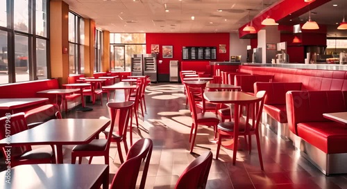 A restaurant with red interior chairs and counter