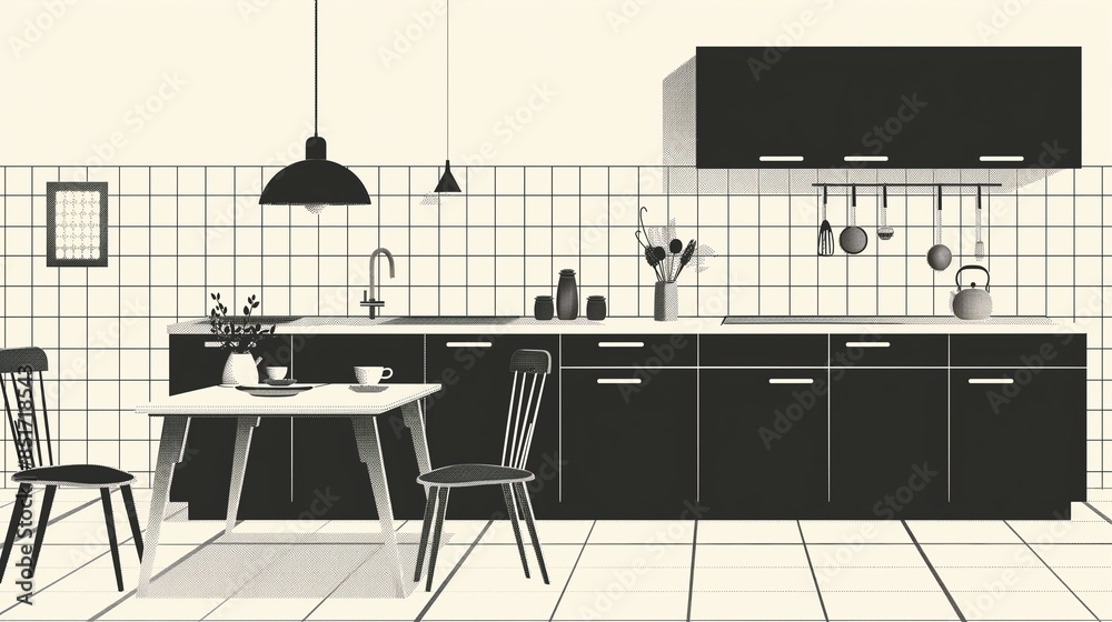 A Minimalist Kitchen Room : Vector Flat Illustration. A Minimalist Kitchen Room : Vector Flat Illustration.