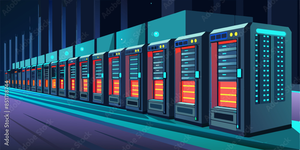 Row of network servers with glowing LED lights. Row of network servers with glowing LED lights.