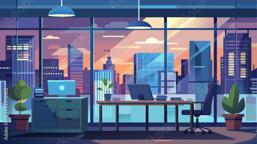 Blurred office workspace in the evening , interior workplace with cityscape for business presentation background