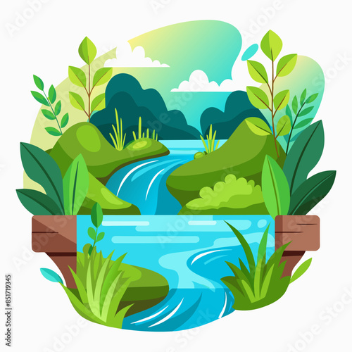 Beautiful spring detailed close up stream of fresh water with young green plants. Horizontal banner, springtime concept. Abstract outdoor wild nature background. 