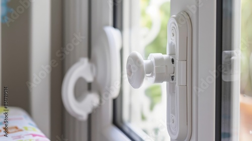 White child safety lock on a glass window, ensuring home safety, preventing child access. Concept of secure, baby-proof home environment. photo