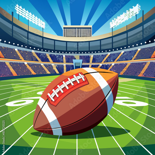 Close-up of American Football on Field with Stadium in Background, Super Bowl Game.