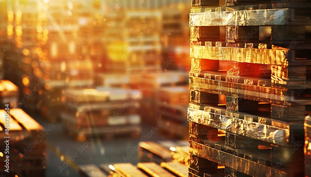 close-up of pallets of goods in a warehouse with a blurry background, captured in noon light close-up of pallets of goods in a warehouse with a blurry background, captured in noon light