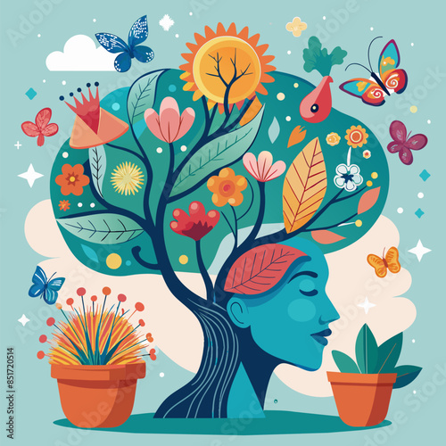 Human mind with flowers and butterflies growing from a tree, positive thinking, creative mind, self care and mental health concept