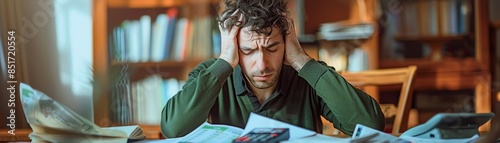 Man stressed about finances, surrounded by bills, calculators, and papers at home, detailed and realistic scene photo
