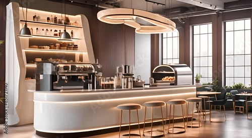 Modern Korean-style cafe design with round corner tables and professional espresso machine