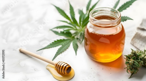 Cannabis-Infused Honey Jar with Fresh Leaves on White Background