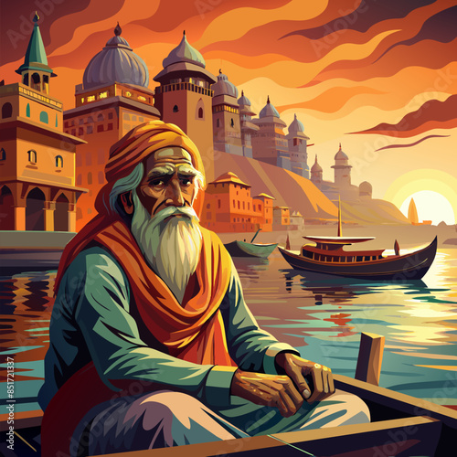 oil painting on canvas, Ancient Varanasi city architecture at sunset with view of sadhu baba enjoying a boat ride on river Ganges. India.