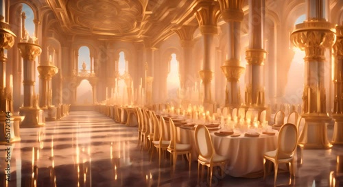 Luxurious dining room interior with sparkling gold marble and ornate chandeliers