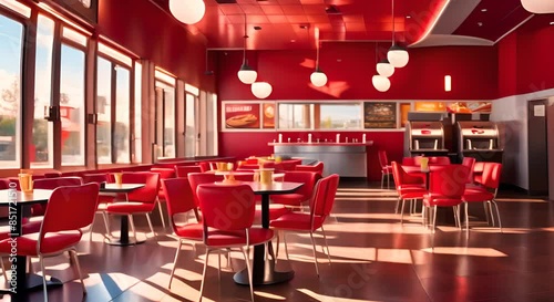 A restaurant with red interior chairs and counter