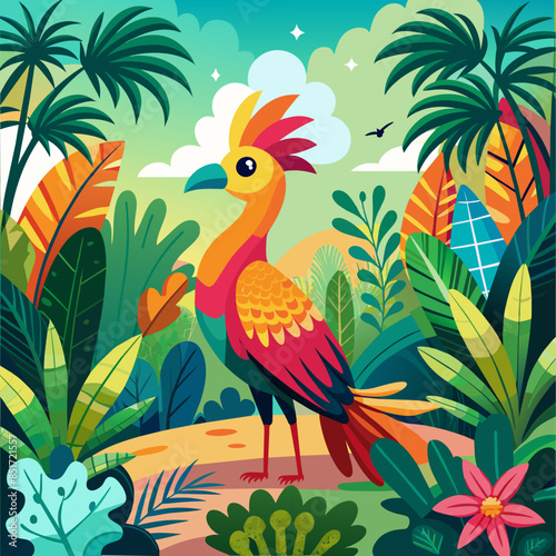 Bright exotic bird in a tropical garden, sunlight. 