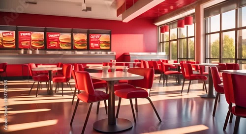 A restaurant with red interior chairs and counter