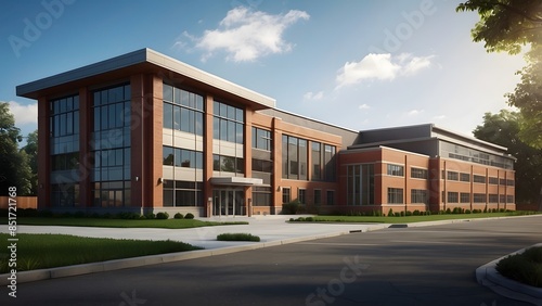 School building exterior design, full light red color theme, real estate school exterior front elevation design, bright sunny day 