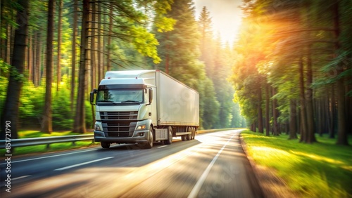 Forest Road Truck Blur: A blurred background of a truck driving through a forest road, ideal for nature and environmental themes. 