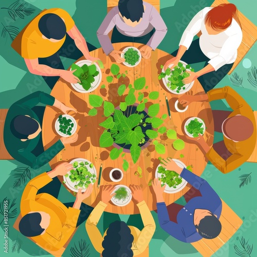Illustration of a group of people enjoying a healthy meal together around a round wooden table, view from above.