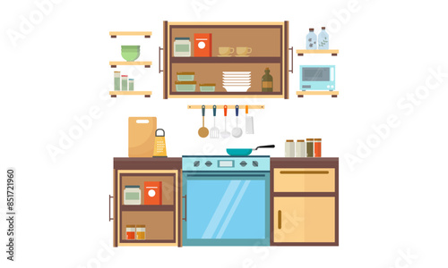 Home kitchenware, food and devices in color vector flat illustration
