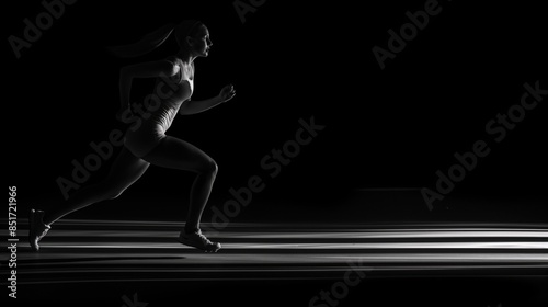 Silhouette of Athletic Woman Running Against Dark Background in High Contrast Black and White. © Anna