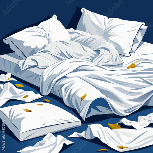 White bedding sheets and pillow background, Messy bed concept 