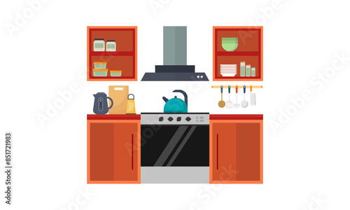 Home kitchenware, food and devices in color vector flat illustration