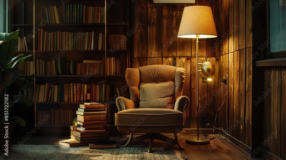 Frontal Angle, comfortable chair with a stack of books, warm lighting, relaxation, photorealistic masterpiece, professional photography, professional color grading, cinematic light Frontal Angle, comfortable chair with a stack of books, warm lighting, relaxation, photorealistic masterpiece, professional photography, professional color grading, cinematic light