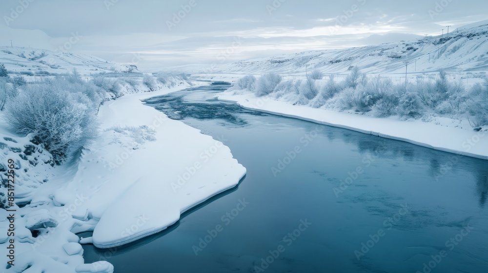 An icy river winds through a snow-covered landscape, reflecting the stark and serene beauty of winter. An icy river winds through a snow-covered landscape, reflecting the stark and serene beauty of winter.