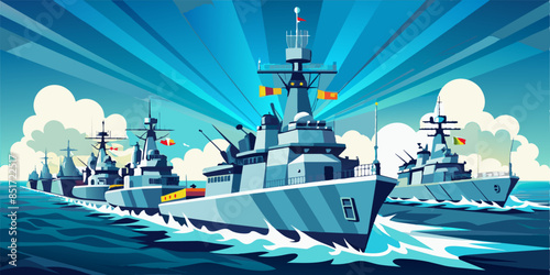 A line of modern  military naval battleships warships in the row, northern fleet and baltic sea fleet in the open sea