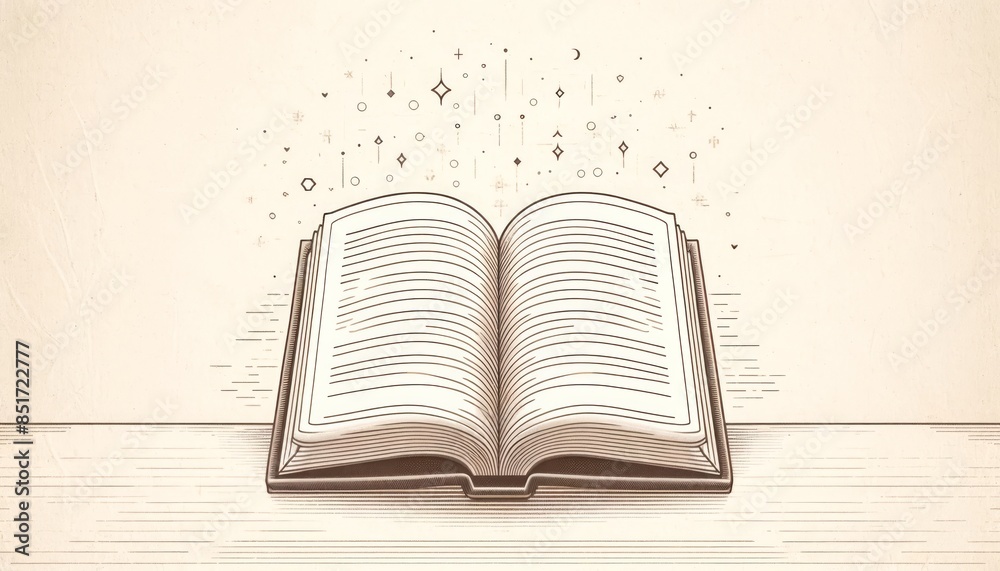 Fototapeta premium A side view of an open book on a desk, with simple lines suggesting text on the pages, set against a textured paper background.