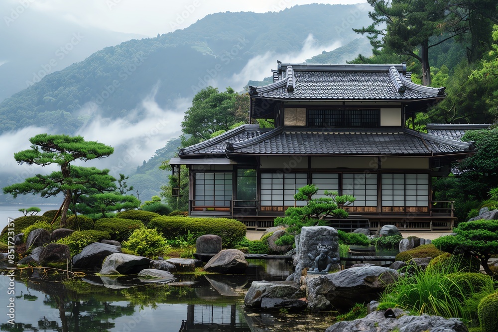 Fototapeta premium A traditional Japanese house with a beautiful garden and a pond