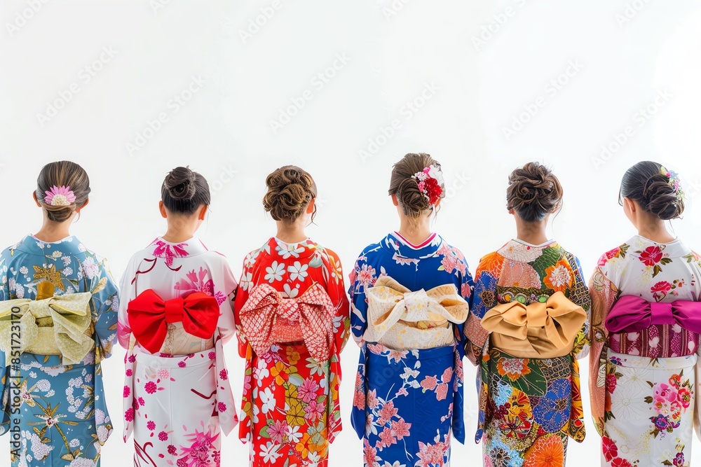 A group of six Japanese women wearing traditional kimono. The women are all facing away from the camera, showing off their elaborate hairstyles and kimono designs. A group of six Japanese women wearing traditional kimono. The women are all facing away from the camera, showing off their elaborate hairstyles and kimono designs.