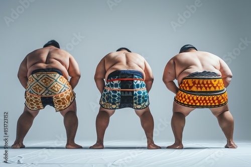 Three sumo wrestlers in traditional loincloths photographed from behind as they bend over to prepare for a sumo match. photo